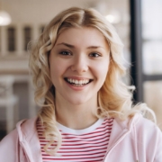 Young woman with blonde wavy hair smiling brightly, wearing a red and white striped shirt and pink cardigan.
